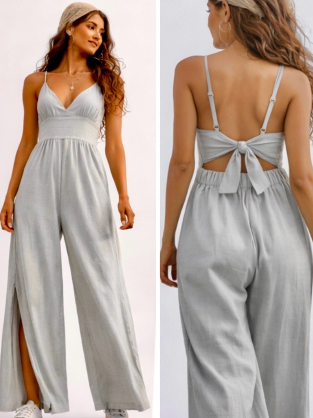 Boho Chic Gray Wide Leg Open Back Overalls– Organic Linen Cotton Adjustable S-L